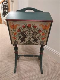 OOOOOH, looky! A highly sought-after hand painted sewing box, with a mated pair of unicorns frolicking about. It must be spring somewhere. When you open the box, rainbows shoot out of, oh wait, that's something else entirely.