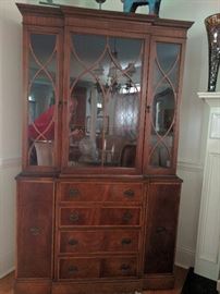 Vintage Baker one-piece china cabinet, with top drawer that opens to reveal a writing desk - like anyone hand writes anything. Oh well, it's a very romantic notion.