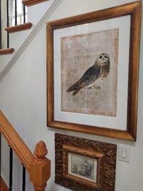 Wise ol' owl, nicely framed/matted print, hung above a beautifully framed classic pencil sketch.