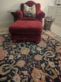 Wonderfully comfy chair/ottoman, by Bob Timberlake, sitting atop a hand woven, 100% wool rug, measuring 7' 8" x 10' 1".