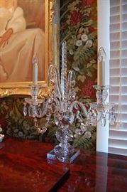 One of a pair of 1920's 2-light crystal girandoles, with three of my favorite attributes: 1) Swanky 2) Swoopy 3) Sparkly These are the kind of lights that make you look in the mirror and say "It's so involved being me!"