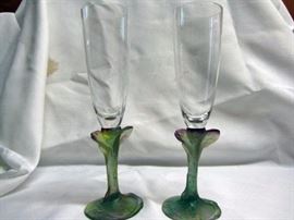 Pair of Daum pate de verre "Nature" crystal champagne flutes - 8 3/4" tall; dark green, green and purple.