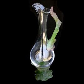 Very large (15.2" tall) Daum pate de verre "Nature" crystal pitcher; dark green, green and purple.