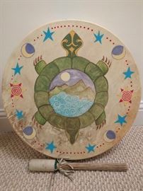 Bang that thang, honey! Where else are you going to find a handmade, buffalo hide Native American drum, with hide-covered banger? Comes complete with a bag of turkey feathers - really (not pictured).