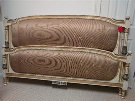 Very cool vintage French king size upholstered head/foot board bed, with wooden side rails.