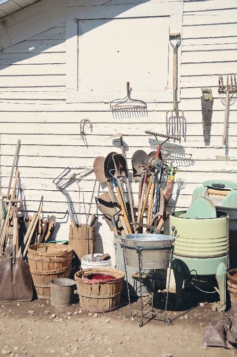 Gardening Tools, Vintage Washer/Wringer, Baskets, Metal Pails