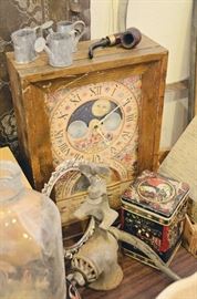 Almanac Clock, Vintage Meat Grinder, Tins