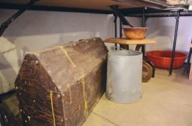 Wooden Tool Box, Pyrex Bowls, Metal Pail