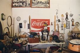 Enjoy Coca-Cola Metal Sign, Wooden Tool Box, Vintage Food Scale, Milk Bottles, Rapid Washer Clothing Plungers, Hay Bale/Ice Hooks