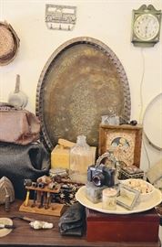 Brass Tray, Vintage Camera, Tin, Vintage frame, Wooden Spools, Sad Iron, Doctor's Bag, Clock