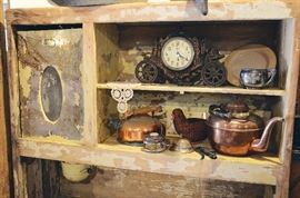 Antique Hoosier Cabinet Top with Flour Sifter, Copper Tea Kettles, Clock
