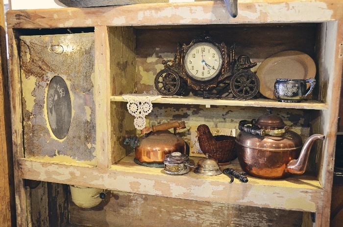 Antique Hoosier Cabinet Top with Flour Sifter, Copper Tea Kettles, Clock