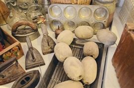 Antique Wooden Fisherman's Floats, Sad Irons, Muffin Tin, Fruit Crate, Tray