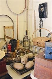 Antique Wooden Fisherman's Floats, Sad Irons, Muffin Tin, Fruit Crate, Tray, Basket, Phone