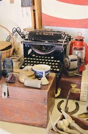 Wooden Tool Box, Small Vanity Suitcases L.C. Smith Typewriter no. 8, Antlers, Pozzoni's Complexion Powder Tin, Pipe, Pencil Sharpener, Horseshoe, Vintage Zester