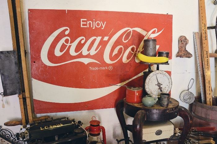 Enjoy Coca-Cola Metal Sign, Vintage Food Scale, Stool, Tins, Cast Iron Clawfoot, Jewelry Box, Barrel, Meter Sticks, Antique Bean Planter, Lantern, L.C. Smith Typewrite no. 8