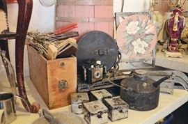 Wooden Drawers, Metal Spice Tins, Gasoline Can, Potato Fry Press, Wooden Hangers, Barrel, Antique Standing Frame