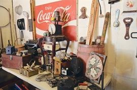 Enjoy Coca-Cola Metal Sign, Vintage Food Scale, Stool, Tins, Cast Iron Clawfoot, Jewelry Box, Barrel, Meter Sticks, Antique Bean Planter, Lantern, L.C. Smith Typewrite no. 8, Antlers, Wooden Drawers, Wooden Hangers, Cow Bell