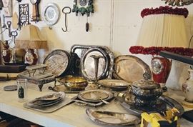 Silver-Plated Platters and Collectibles, Table Lamps, Hay Bale/Ice Hook, Cuckoo Clock