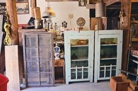 Primitive Dentist's Medicine Cabinets, Metal Farmhouse Lights, Table Lamp, End Table, Spittoon, Hanging Dinner Bell
