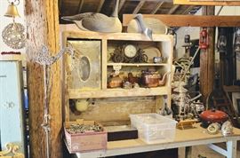 Antique Hoosier Cabinet Top with Flour Sifter, Copper Tea Kettles, Clock, Floor Lamp, Silver plated Flatware, Stainless Steel Flatware, Geese Decoys, Silver Teapot