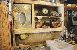 Antique Hoosier Cabinet Top with Flour Sifter, Copper Tea Kettles, Clock, Floor Lamp, Silver plated Flatware, Stainless Steel Flatware, Silver Teapots