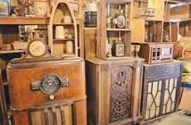 Antique Radio Cabinets, Fruit Crates, Clocks, Twine
