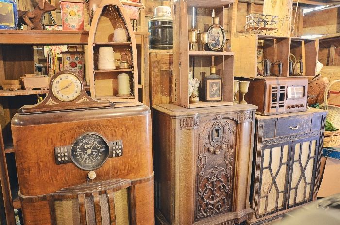 Antique Radio Cabinets, Fruit Crates, Clocks, Twine