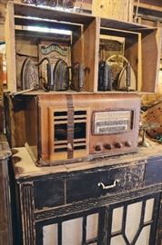 Fruit Crate, Sad Irons, Radio Cabinet, Vintage Radio