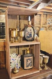 Fruit Crate, Brass Goblets, Vintage Alcohol Bottles