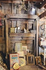 Old Mantle with Columns, Master Crafters Celluloid Clock with Swingers, Ivon Bear Company Book Ends, Framed Prints, Clocks, Brass Chandelier
