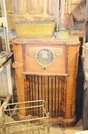 Radio Cabinet, Magazine Rack, Oil Lamp, Metal Basket