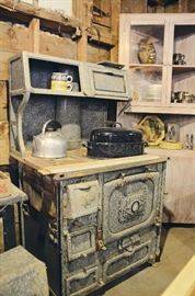 Enamel Stove, Cast Aluminum Tea Kettle, Enamel Roaster, Corner Cabinet