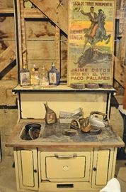 Enamel Stove, Print, Irons, Vintage Alcohol Bottles