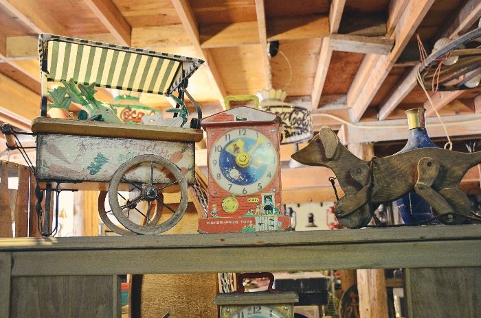 Wooden Pull Dog Toy, Fisher Price Clock, Veggie Cart