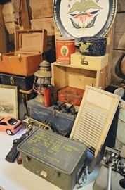 Vanity Suitcases, Lantern, Tins, Washboard, Metal Military Ammunition Case, Fruit Crate
