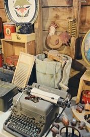 Remington Rand Typewriter, Antique Ice Cream Churn, Metal Military Ammunition Cases, Globe