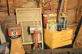 Tins, Washboard, Metal Tool Shelves, Metal Gas Can