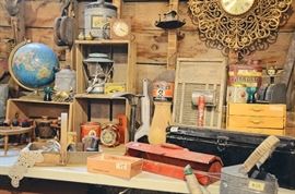 Fruit Crate, Metal Gas Can, Tins, Alarm Clock, Lantern, Tins, Washboard, Metal Tool Shelves, Metal Gas Can, Globe