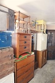 Trunks, End Tables, Mid-Century Dresser and Bed Set, Vintage Cabinets