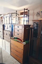 Trunks, End Tables, Mid-Century Dresser and Bed Set, Vintage Cabinets