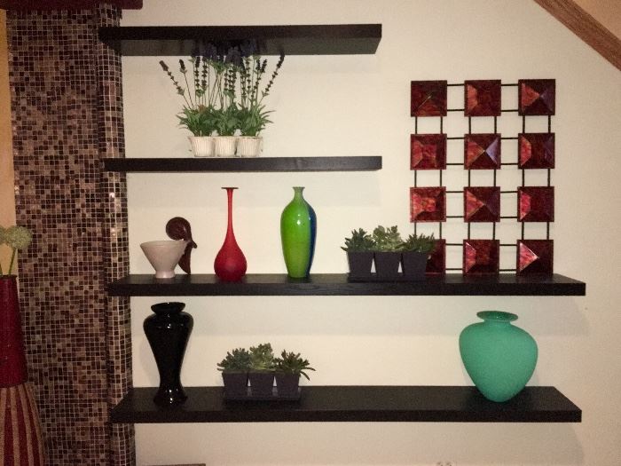 Red squares hammered metal Art, Colored Glass Vases, Faux Floral arrangements, faux succulents