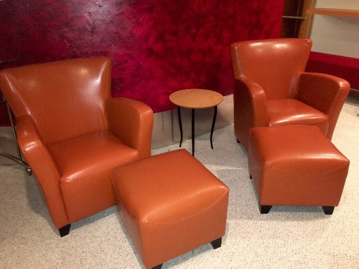 Pair of Orange Leather Club Chairs with Matching Ottomans, Accent Table