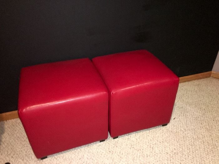 Two Red Faux Leather Cube Ottomans