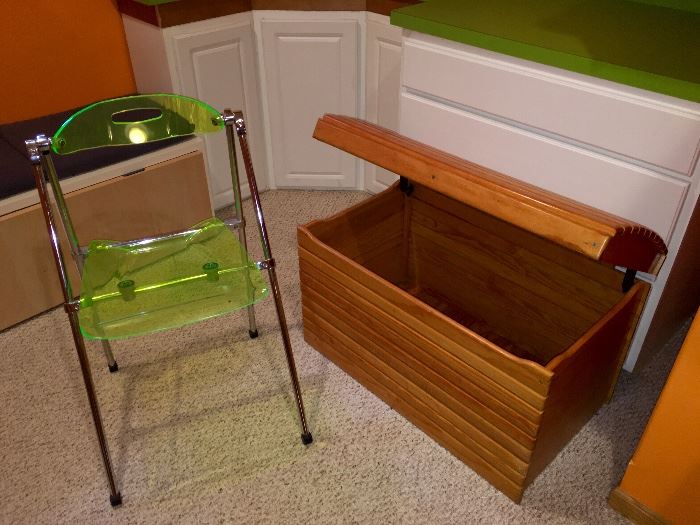 Wood Storage Trunk, Chest, Green Acrylic Chair