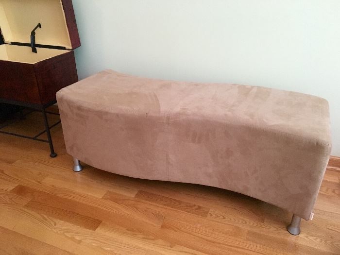 Tan Suede Bench Ottoman with Metal Legs, Curved Modern