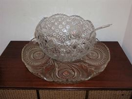 Large Smith Glass Crystal Punch Bowl with underplate & Cups