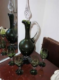 Vintage Cordial Set Green Glass Decanter with 4 Stem Glasses