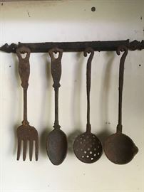 Primitive Cast Iron Utensil Set with Holder