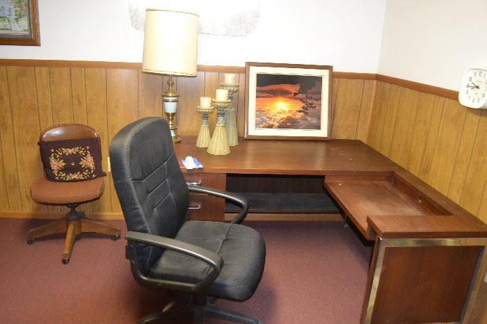 Desk, office chair, end tables, lamps